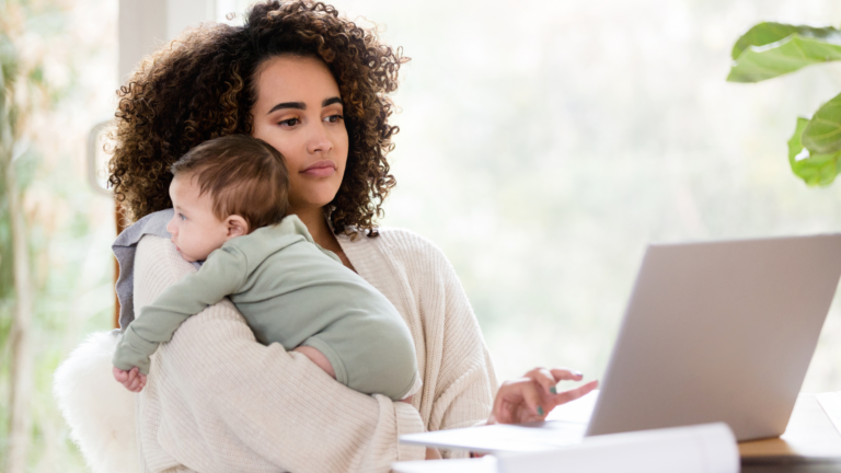 A working mother strives to ensure that her baby does not negatively impact her remote work productivity