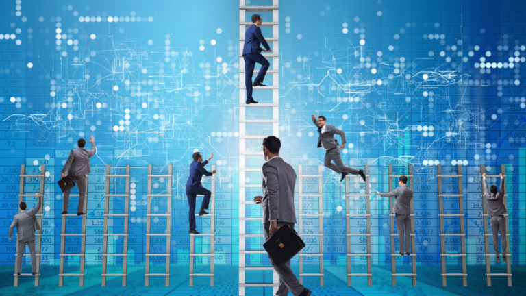 Candidates climb different-length ladders in front of a computer backdrop, representing AI bias