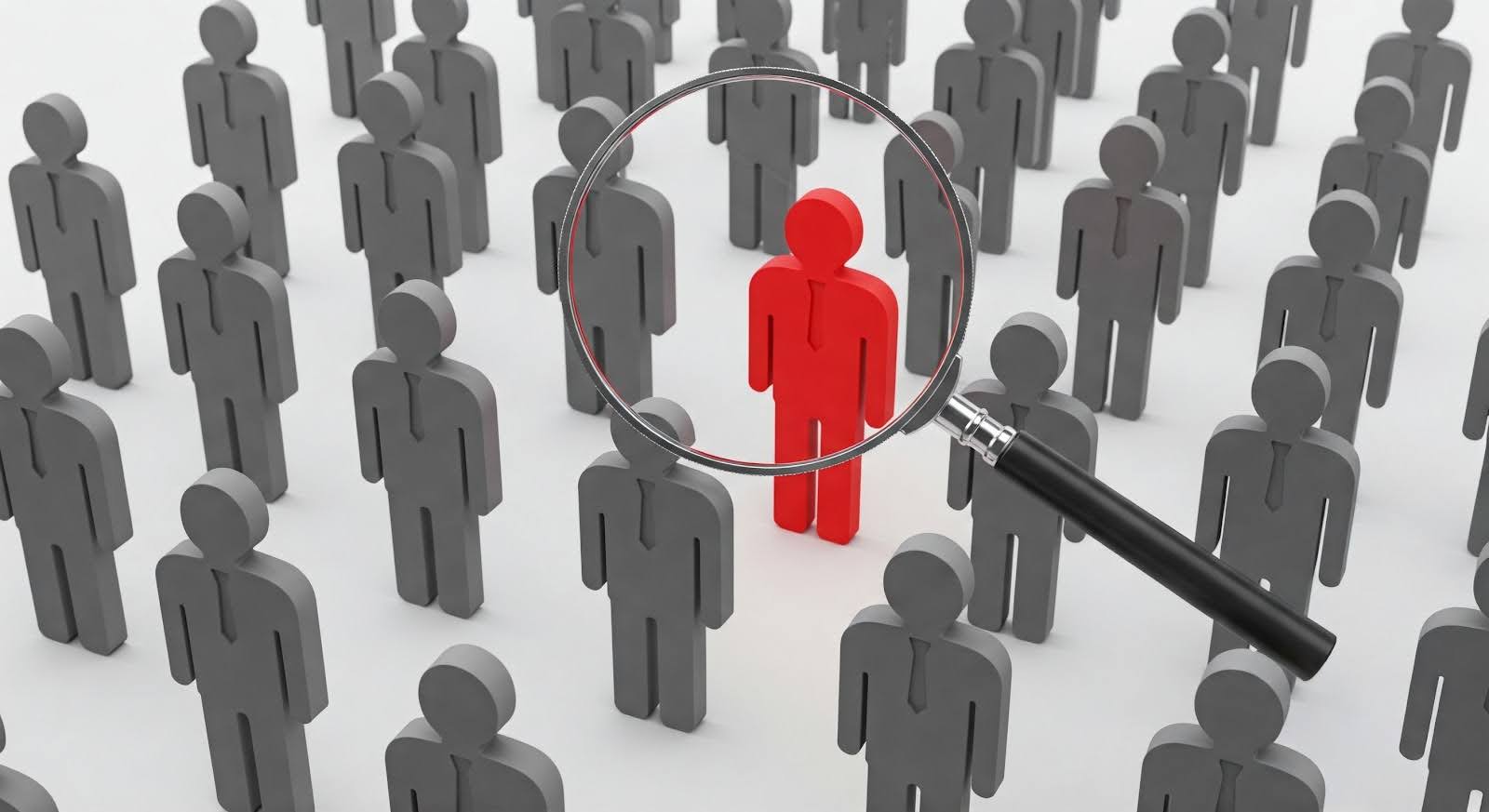 Magnifying glass highlighting one standout red figure among gray silhouettes, symbolizing precision in executive recruitment.