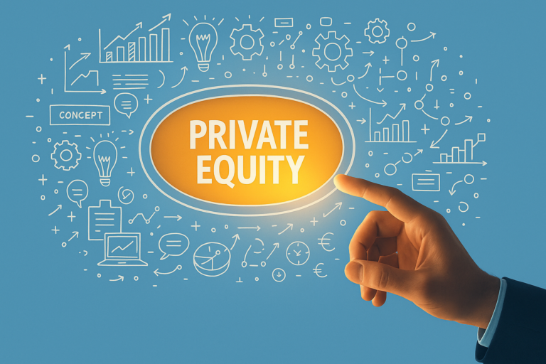 Businessman's hand pointing at a glowing 'Private Equity' button surrounded by finance and strategy icons on a blue background, symbolizing executive leadership and investment strategy.