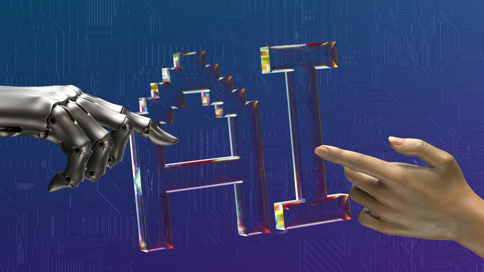 A robotic hand and a human hand reaching toward each other in front of the letters 'AI', symbolizing collaboration between artificial intelligence and human leadership in modern technology.